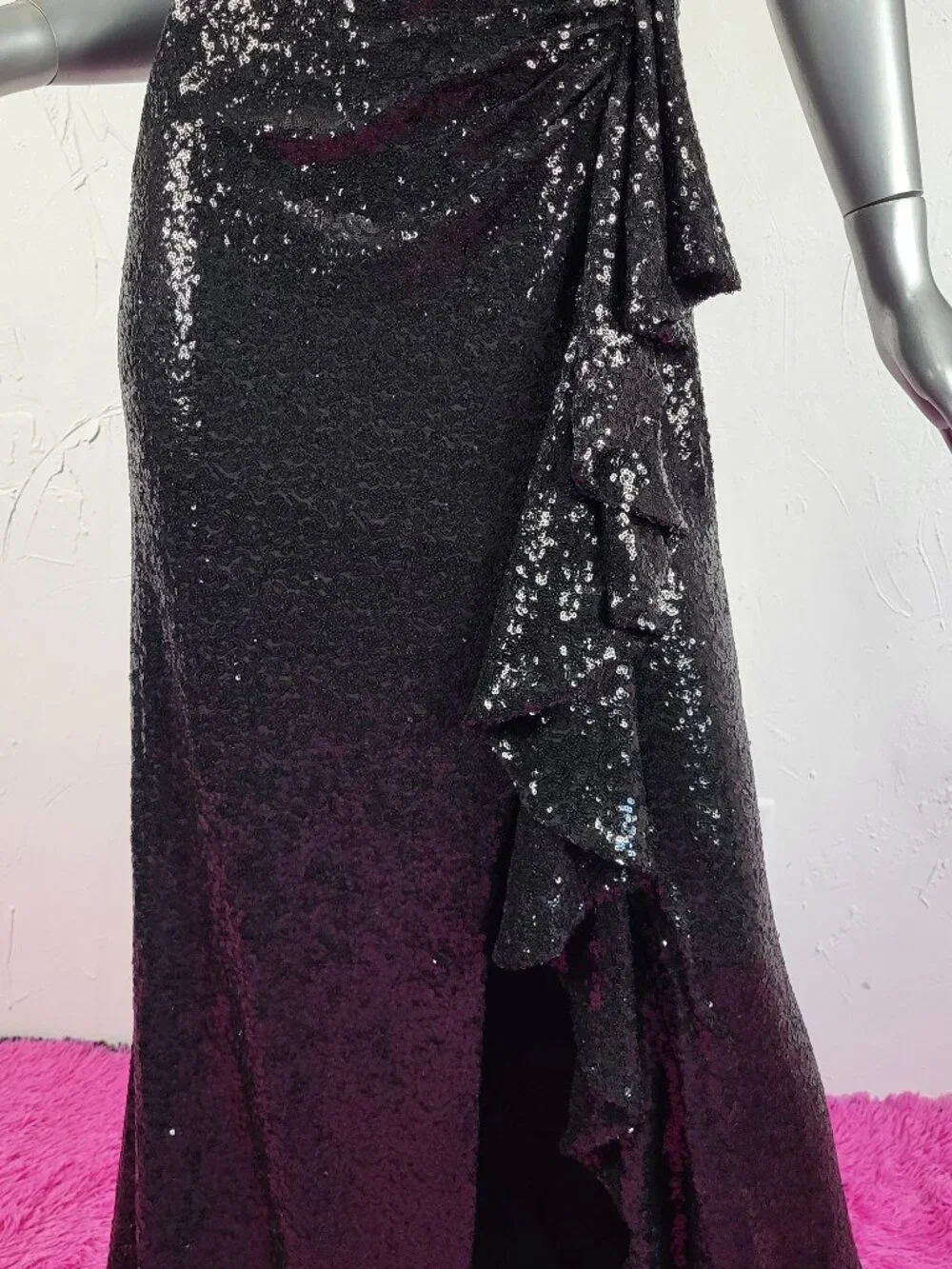 NWT~$595~TADASHI SHOJI~M~BLACK SEQUIN SLIT RUFFLE RUCHED PROM EVENING MAXI DRESS